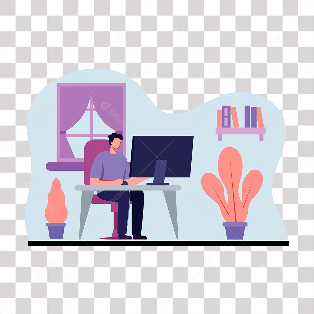 desenho de homem trabalhando em sala de casa por notbook