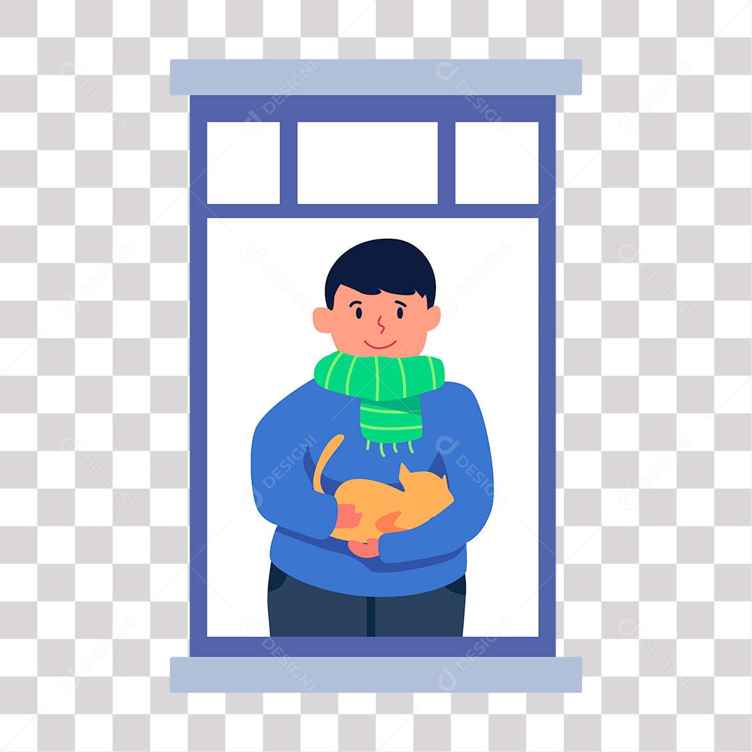 desenho de homem segurando gato em janela