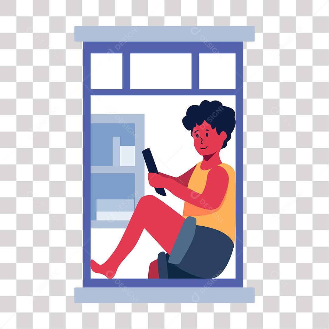 desenho de mulher sentada na janela usando celular