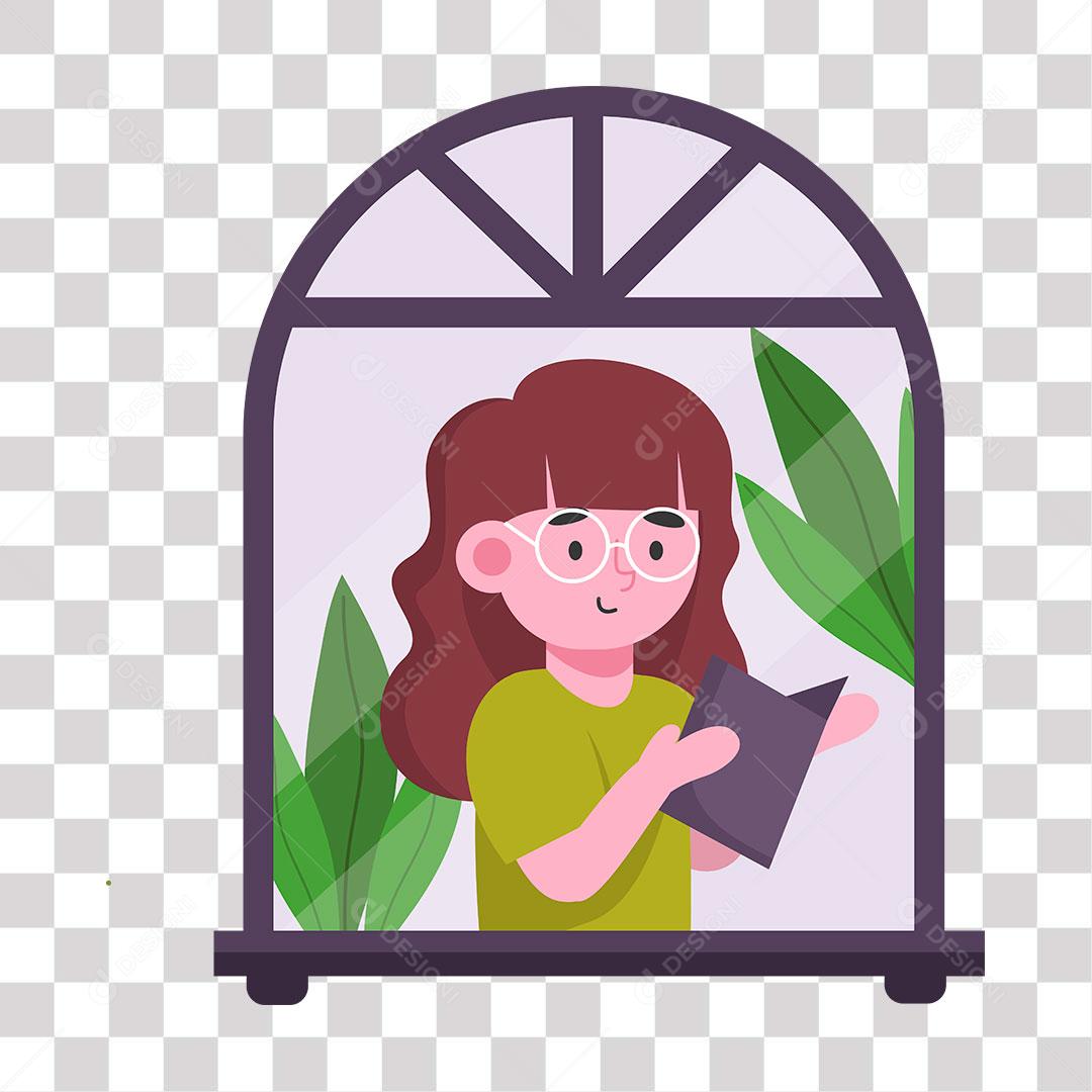 desenho de garota lendo livro perto de janela