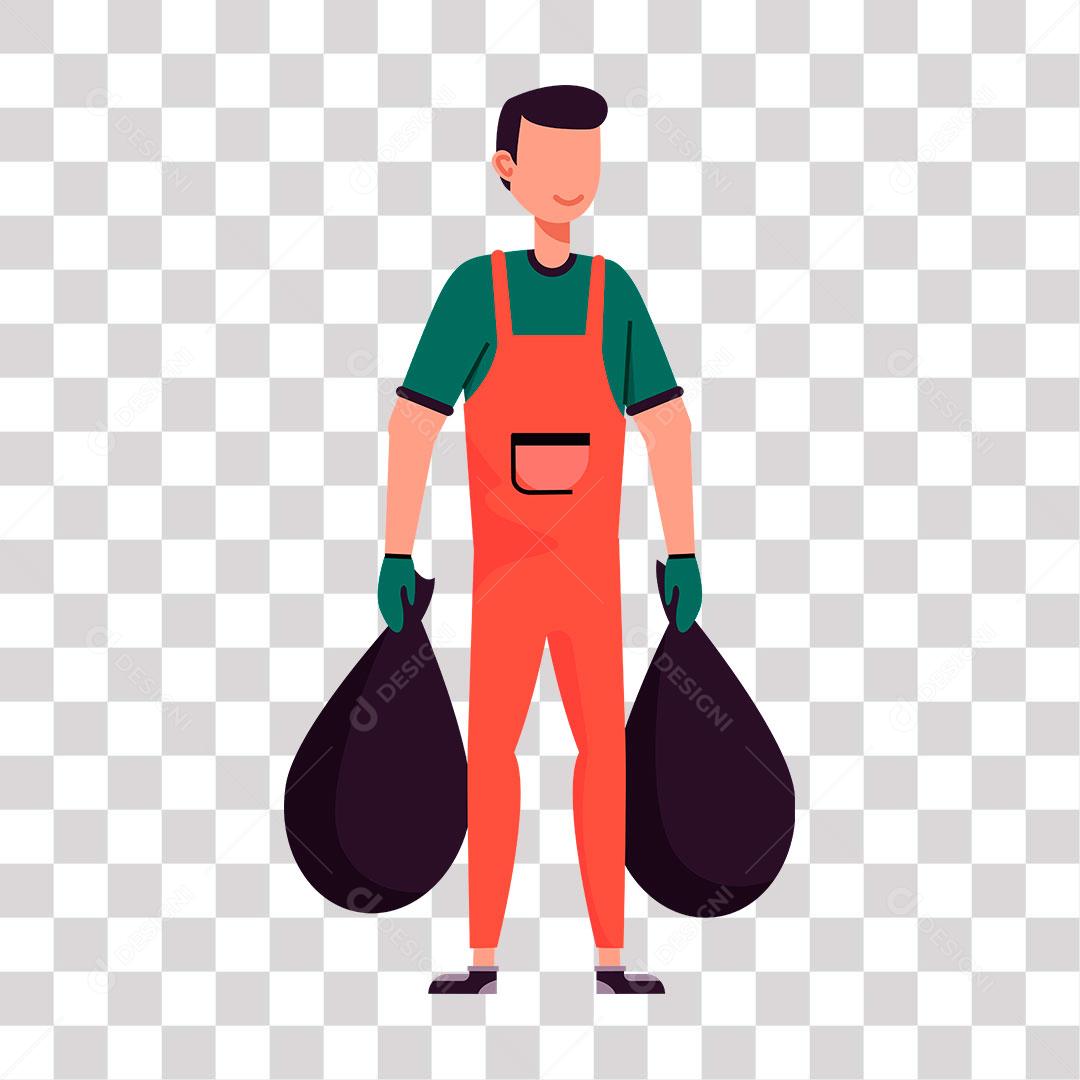 desenho  de homem trabalhando de gari com sacos de lixo