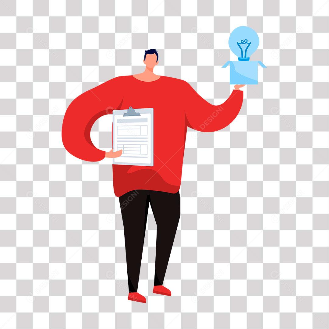 desenho de homem segurando planilha e lampada sinal de ideias