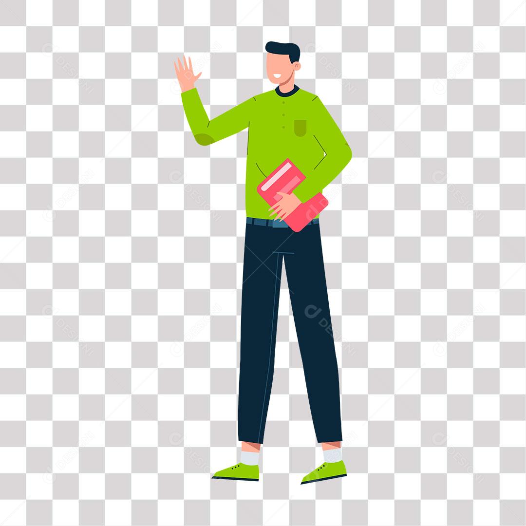 desenho de homem com caderno  fazendo sinal com a mão