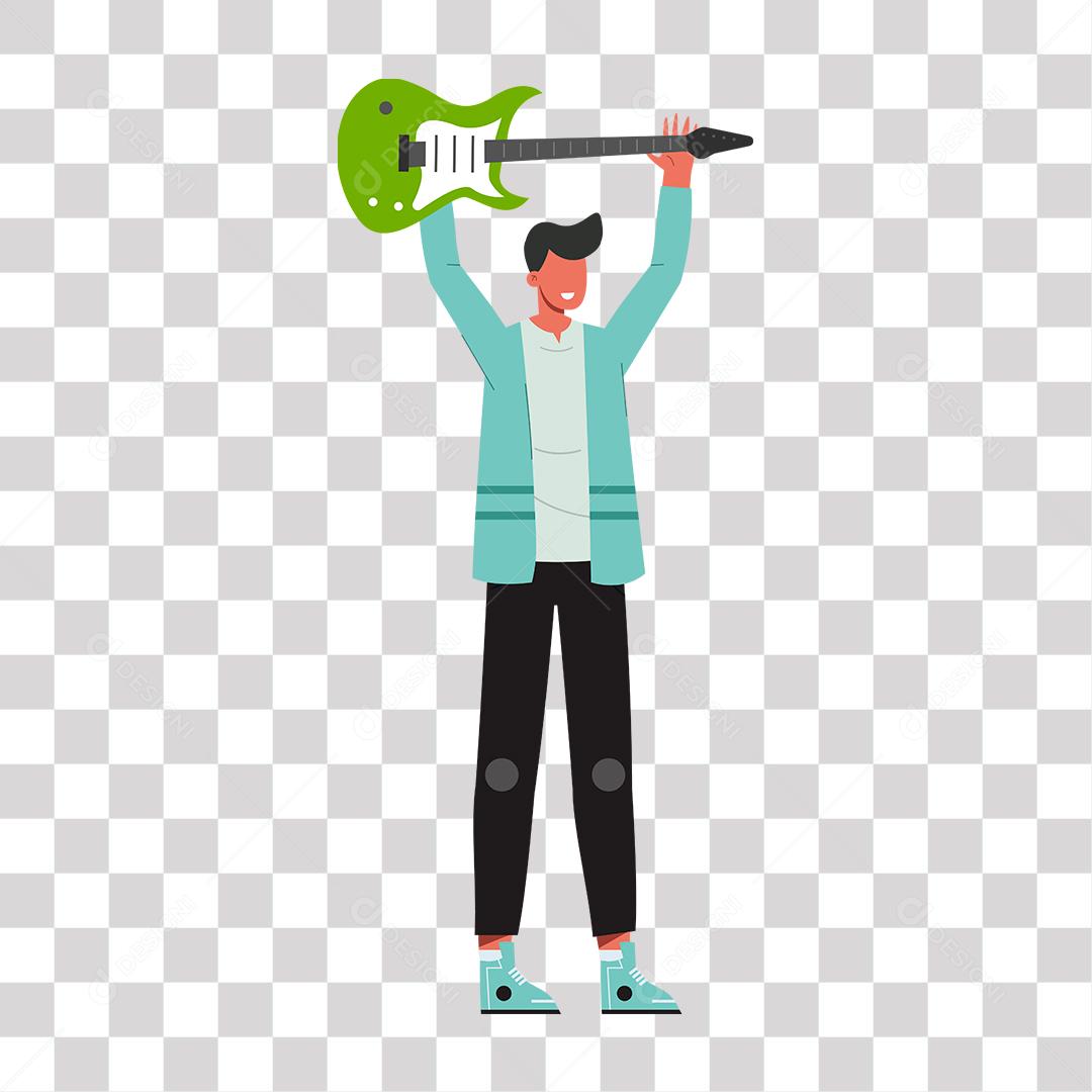 Homem com Guitarra pro Cima Personagem De Desenho para Composição PNG Transparente