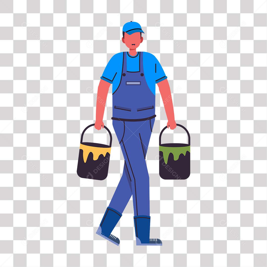 desenho de pintor trabalhando com latas de tintas