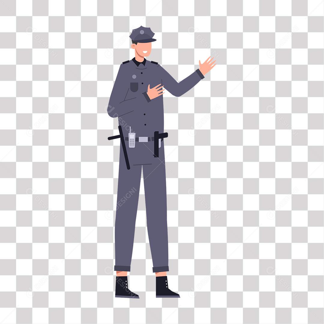 desenho de policial conversando fazendo sinal com a mão