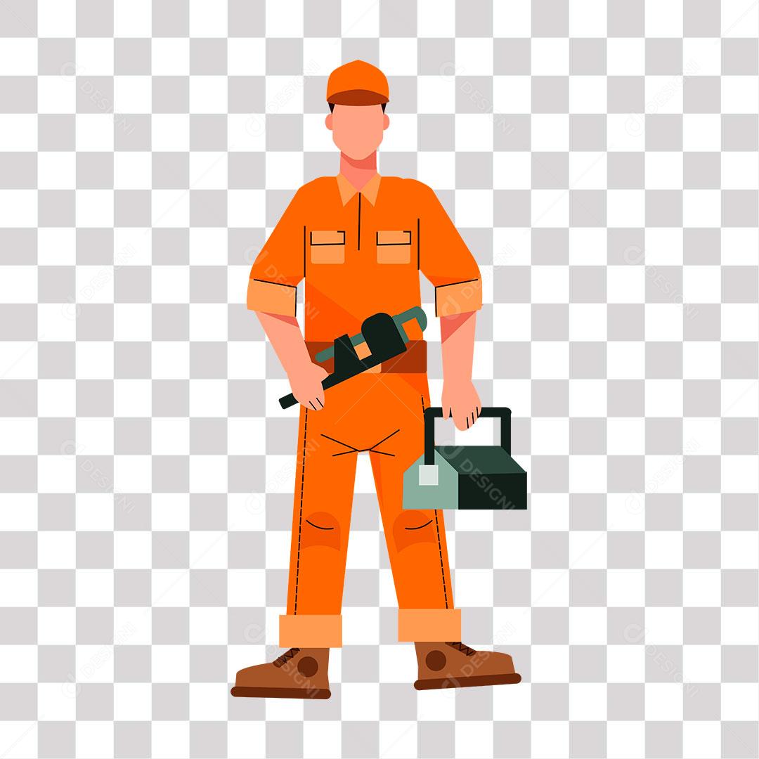 desenho de homem segurando chave e caixa de ferramenta