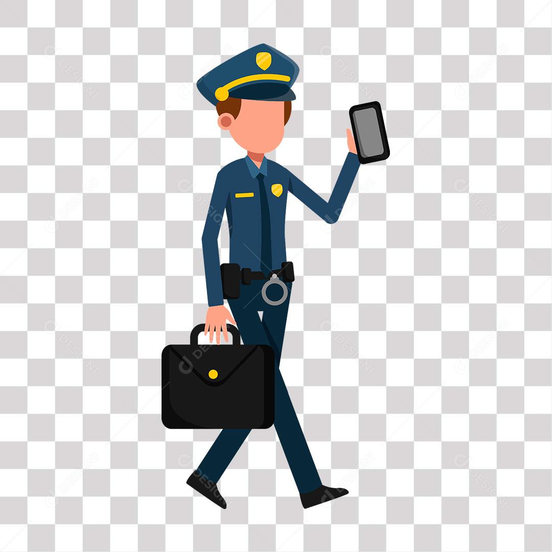 desenho de policial com celular e mala nas mãos