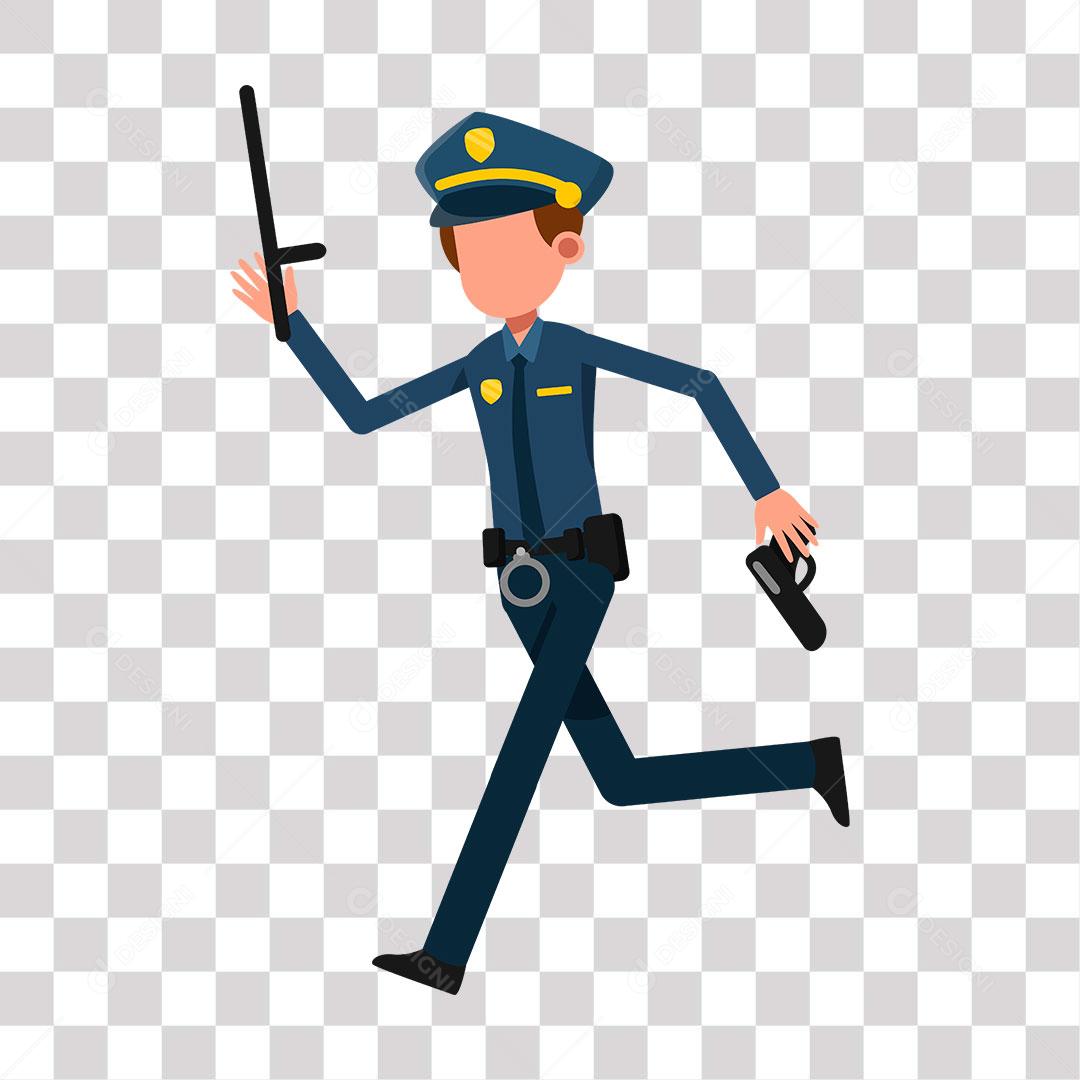 desenho de policial correndo com arma na mão e cassetete