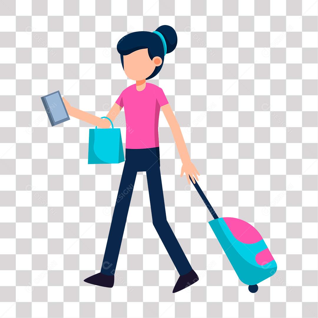 desenho de menina com mala e bolsa no braço