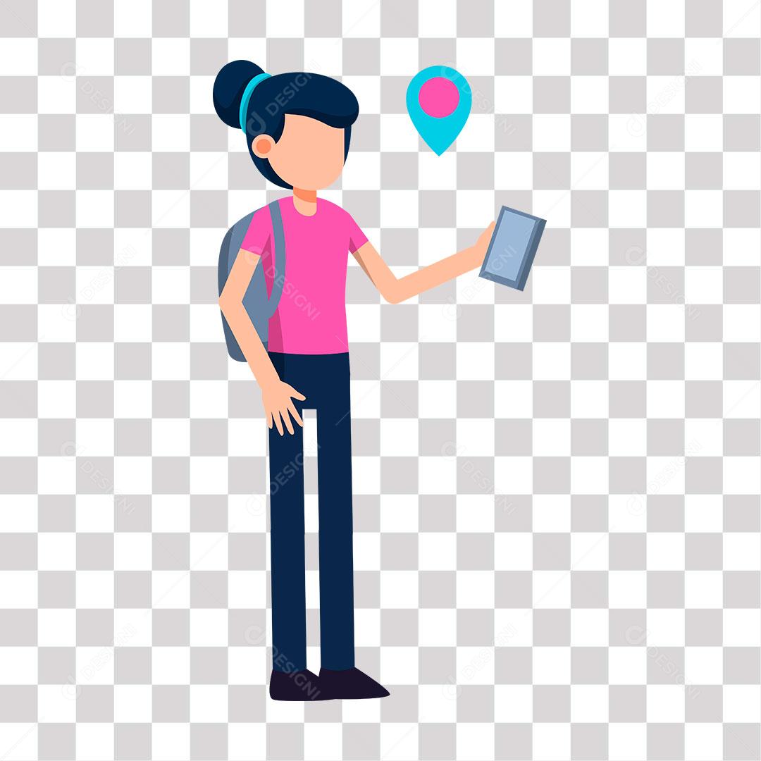 cartoon woman with backpack and cellphone