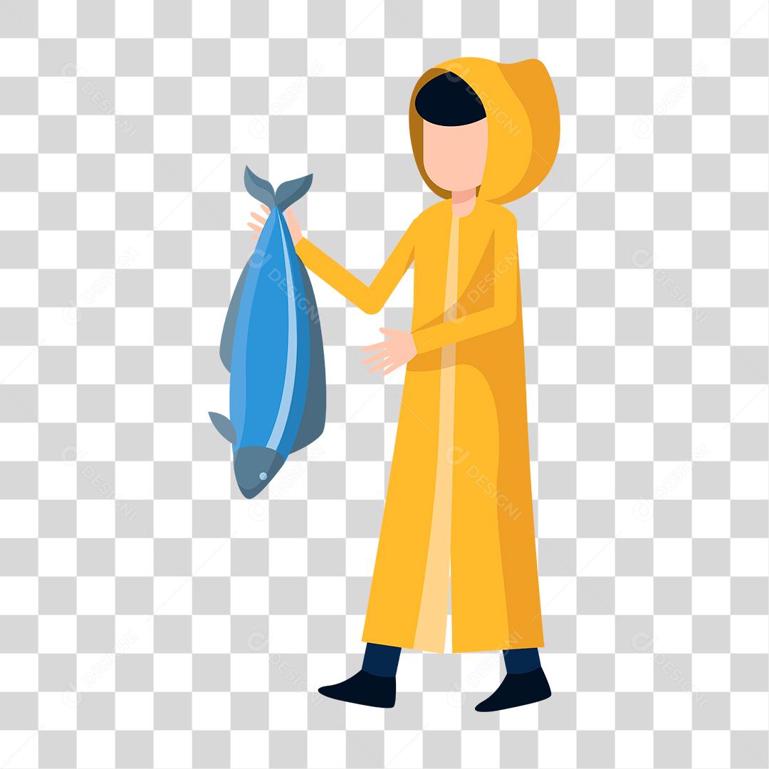 Desenho de pessoa pegando peixe usando capa chuva amarela