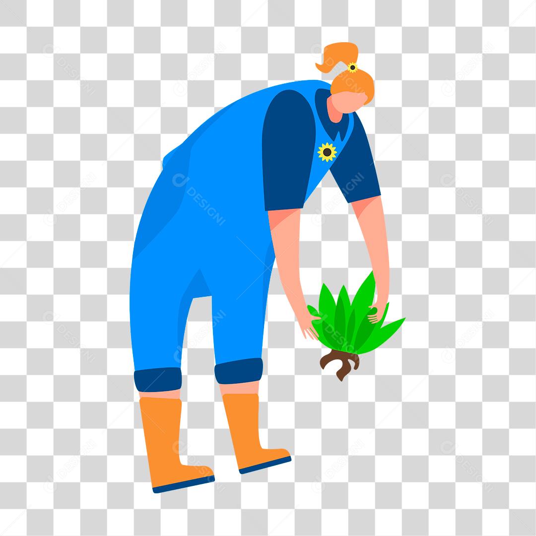 Desenho de mulher plantando plantas