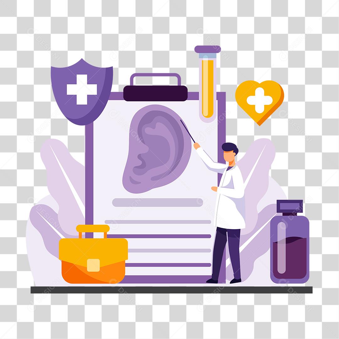 Desenho de médicos fazendo exames ouvido paciente