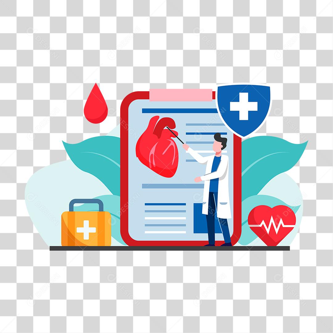 Desenho de médicos fazendo exames coração paciente