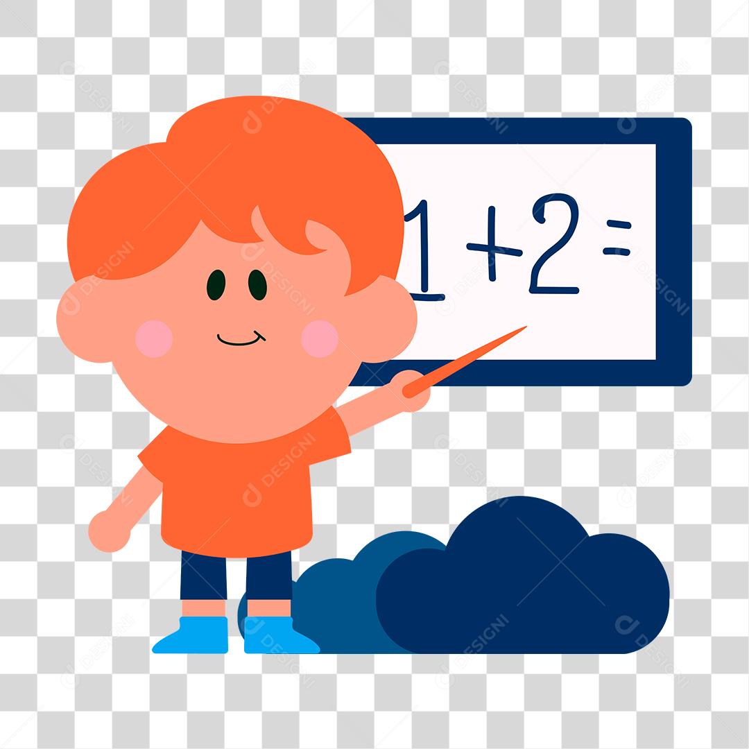 Desenho de menino apontando para o quadro 1 + 2 =