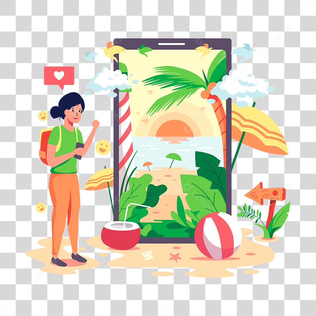 Desenho de turista chegando na praia