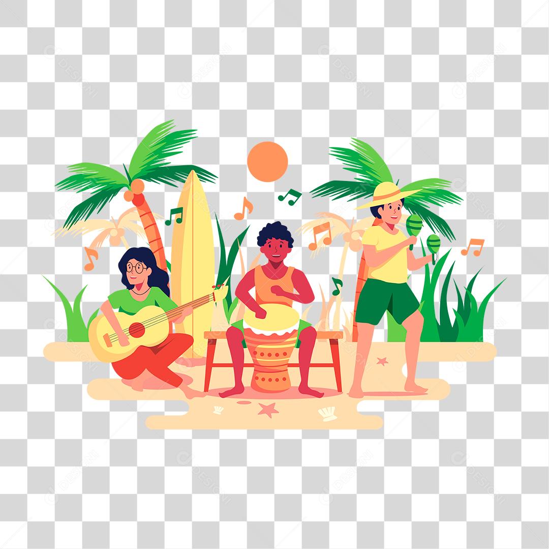 Desenho de pessoas aproveitando férias sobre uma praia