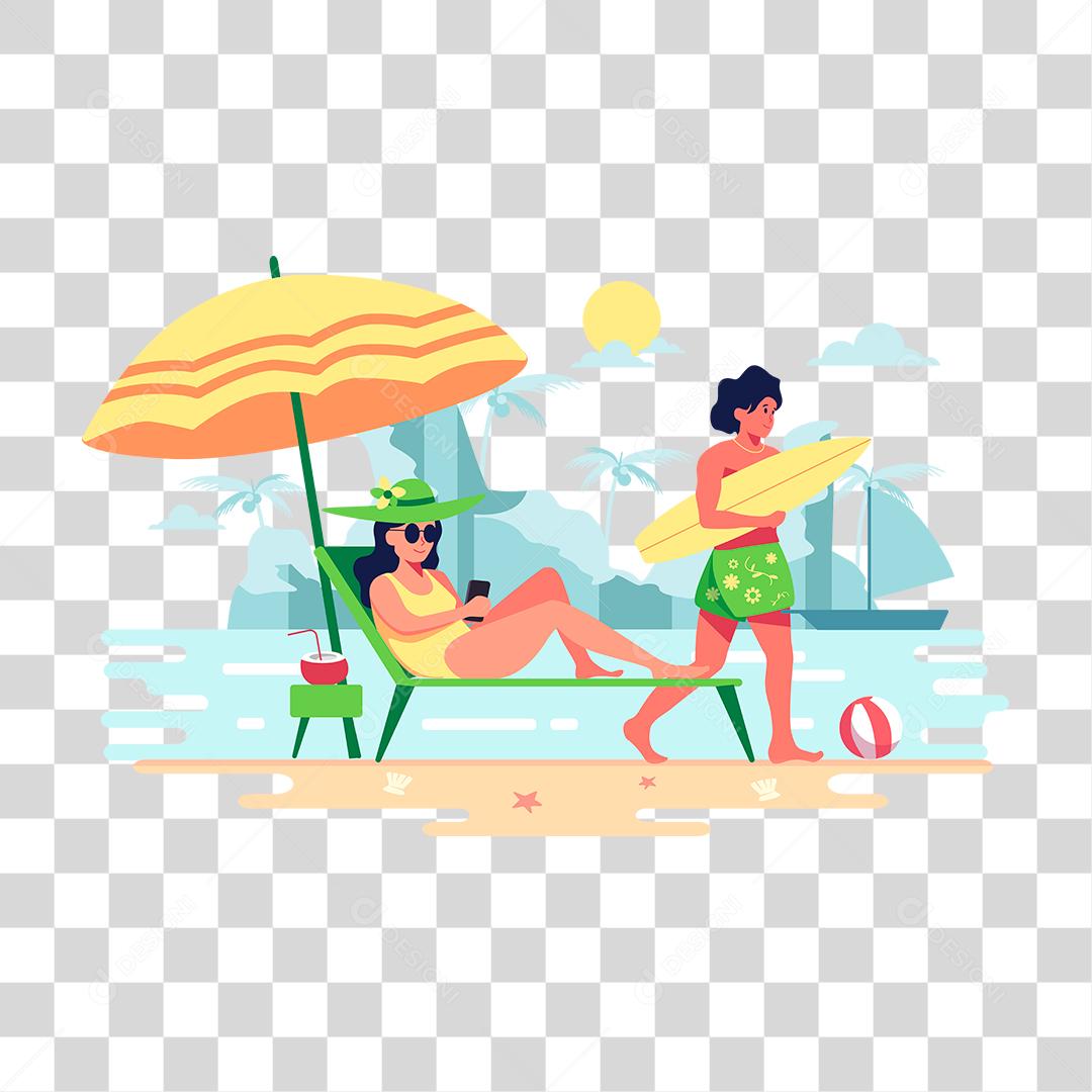 Desenho de pessoas aproveitando férias sobre uma praia