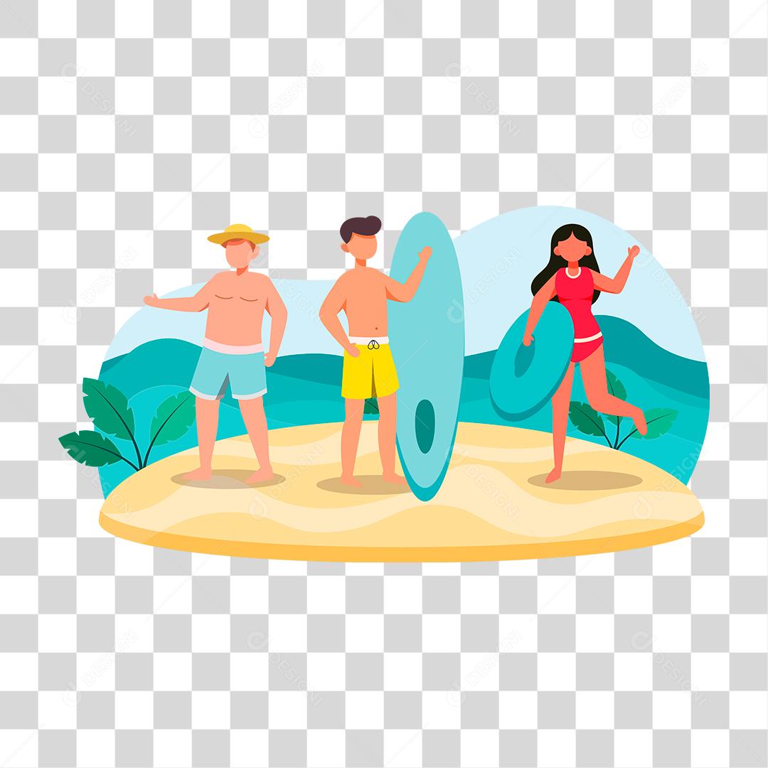 Desenho de pessoas aproveitando férias sobre uma praia