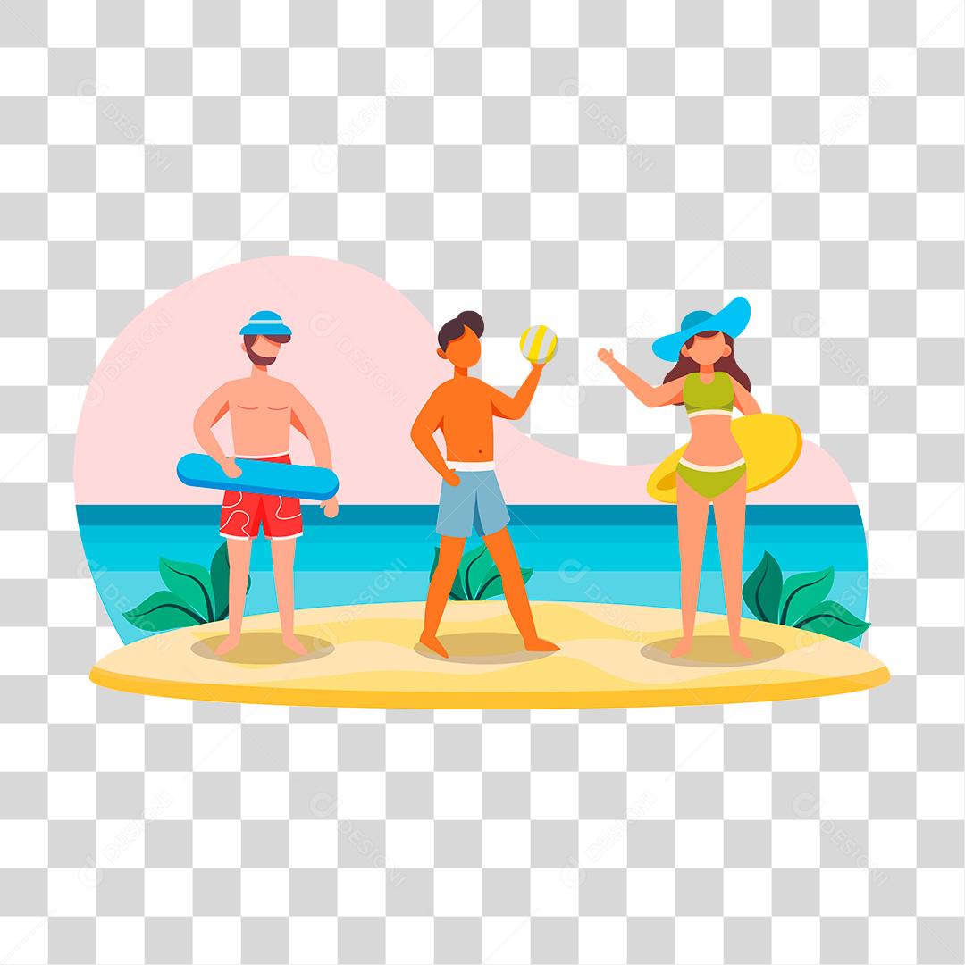 Desenho de pessoas aproveitando férias sobre uma praia
