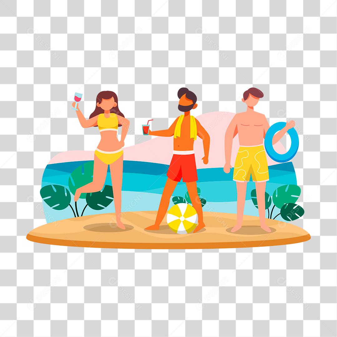 Desenho de pessoas aproveitando férias sobre uma praia