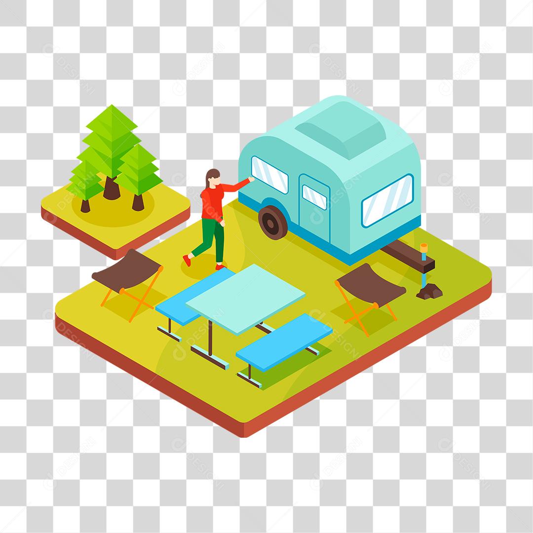 Desenho de mulher sobre uma floresta acampamento