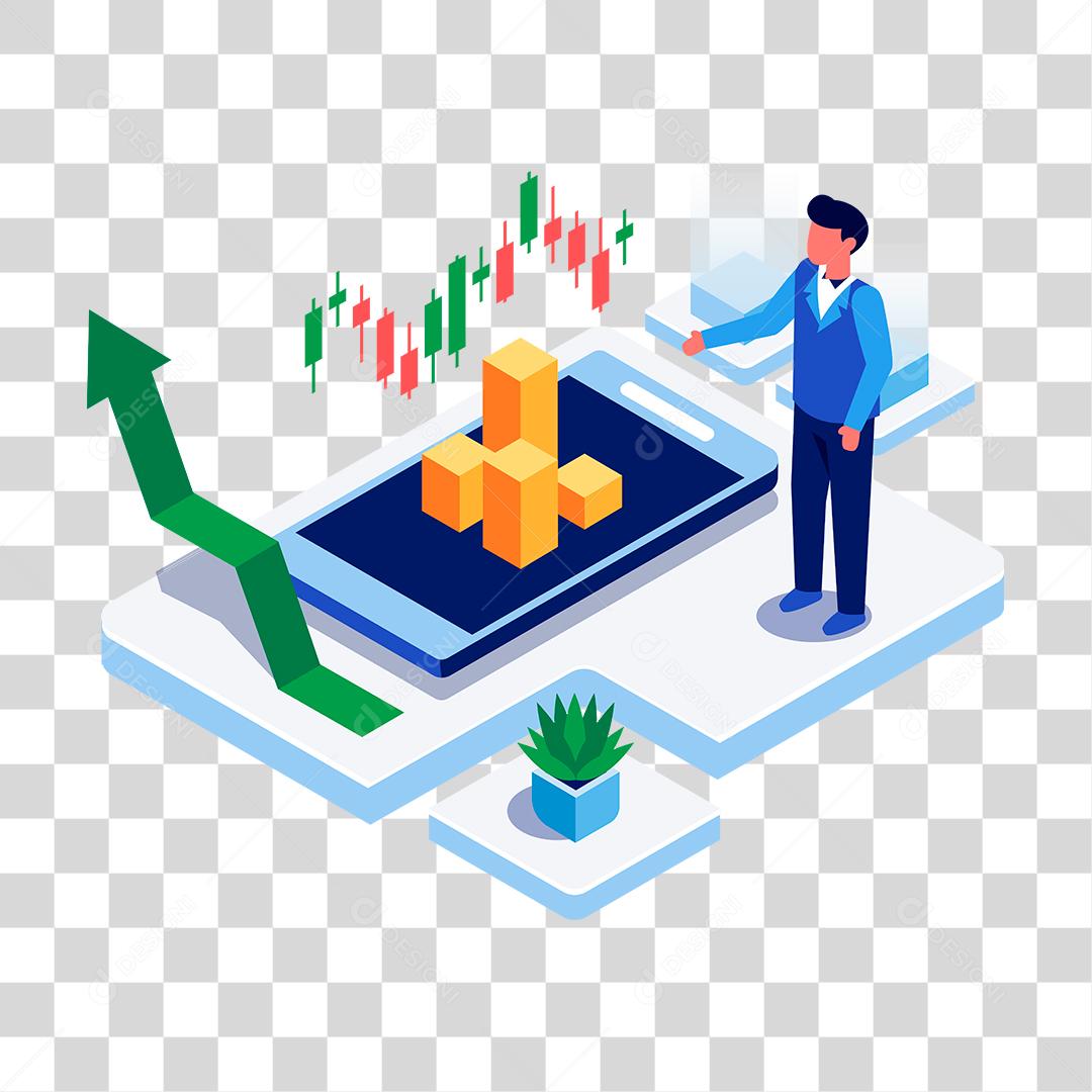 Desenho de homem empresário olhando gráficos