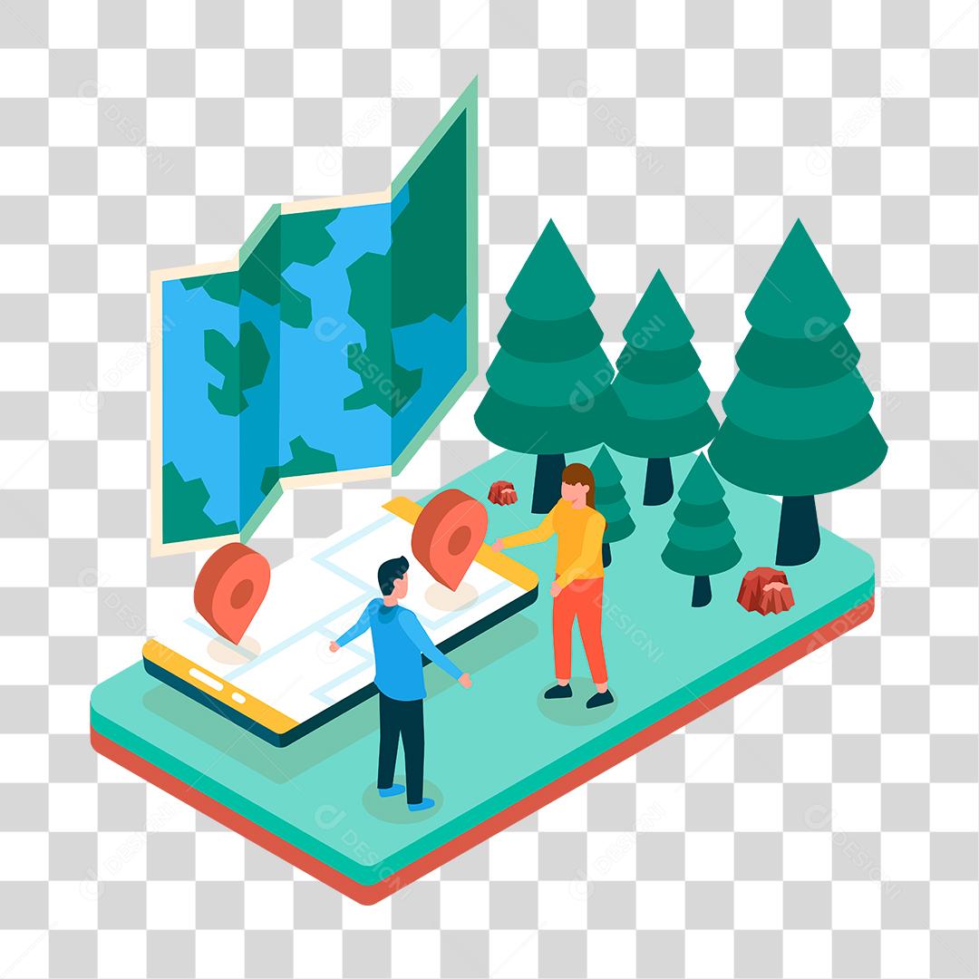 Desenho de pessoas andando sobre floresta usando mapa