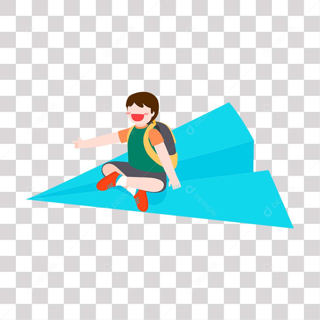 desenho de garoto por cima de avião de papel