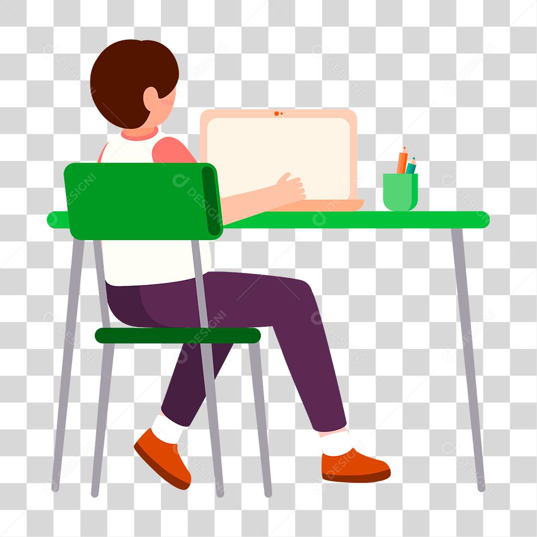 Desenho de pessoas sentando sobre uma cadeira mexendo em seu notebook