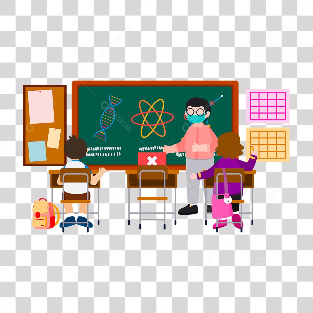 Desenho de professor explicando conteúdos escola