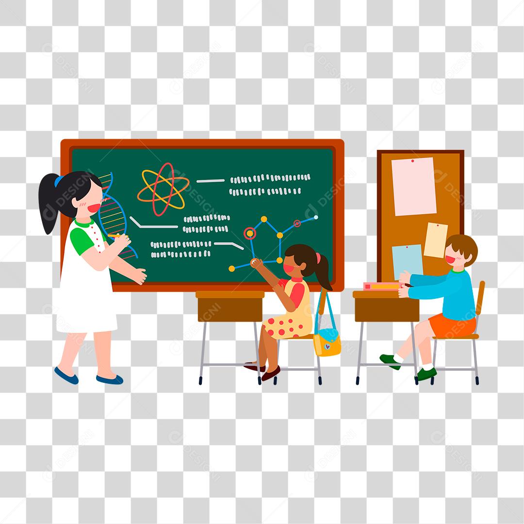 Desenho de professora explicando conteúdos escola