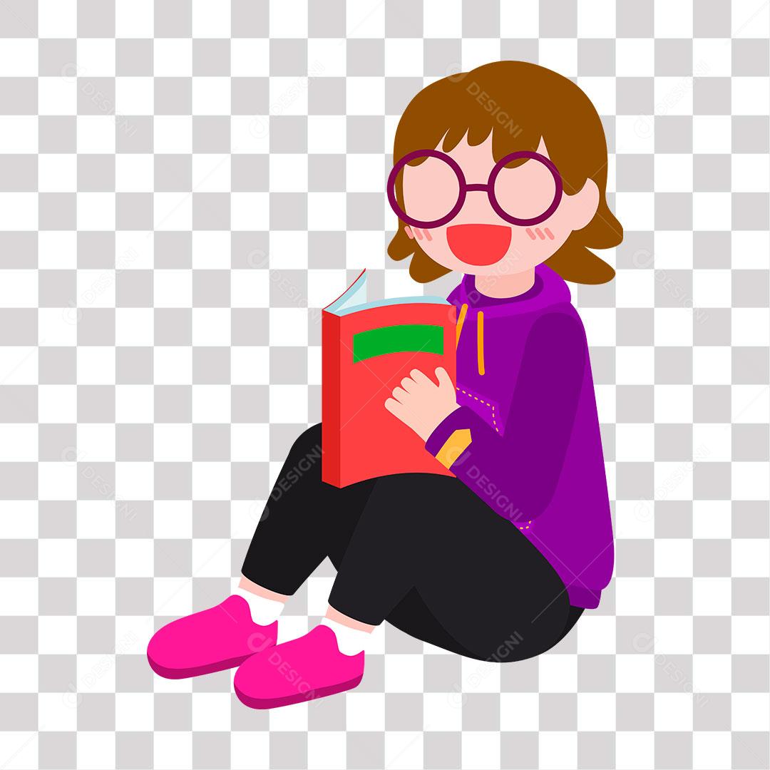 desenho de menina sentada com livro na mão fazendo leitura