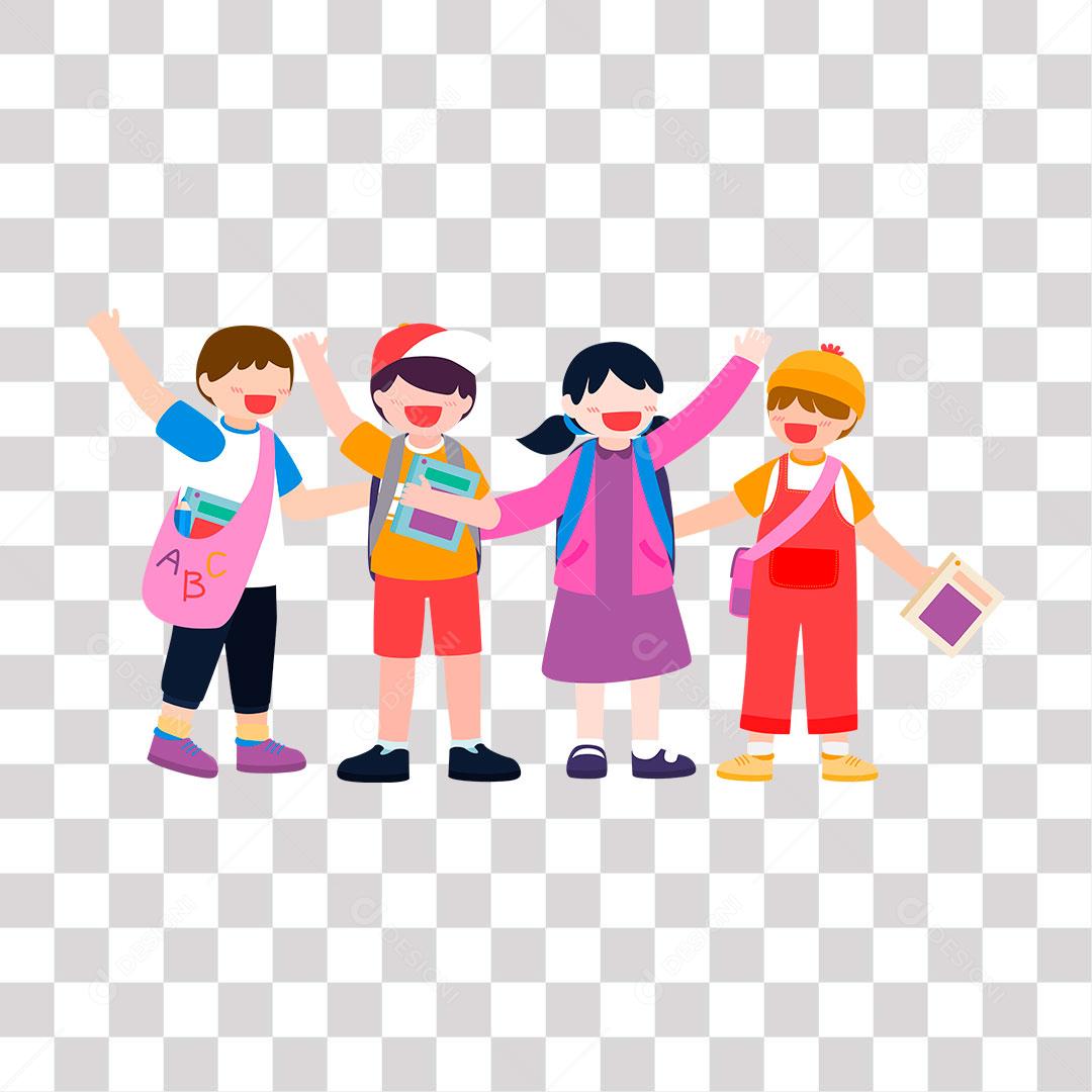 desenho de crianças juntas e reunidas com materiais escolares