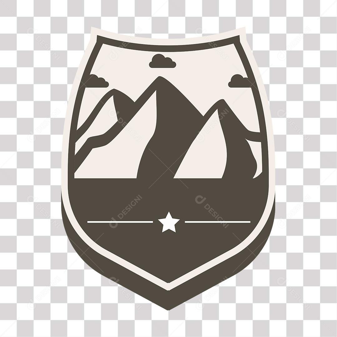 desenho de brasão com montanhas de  fundo preto e branco