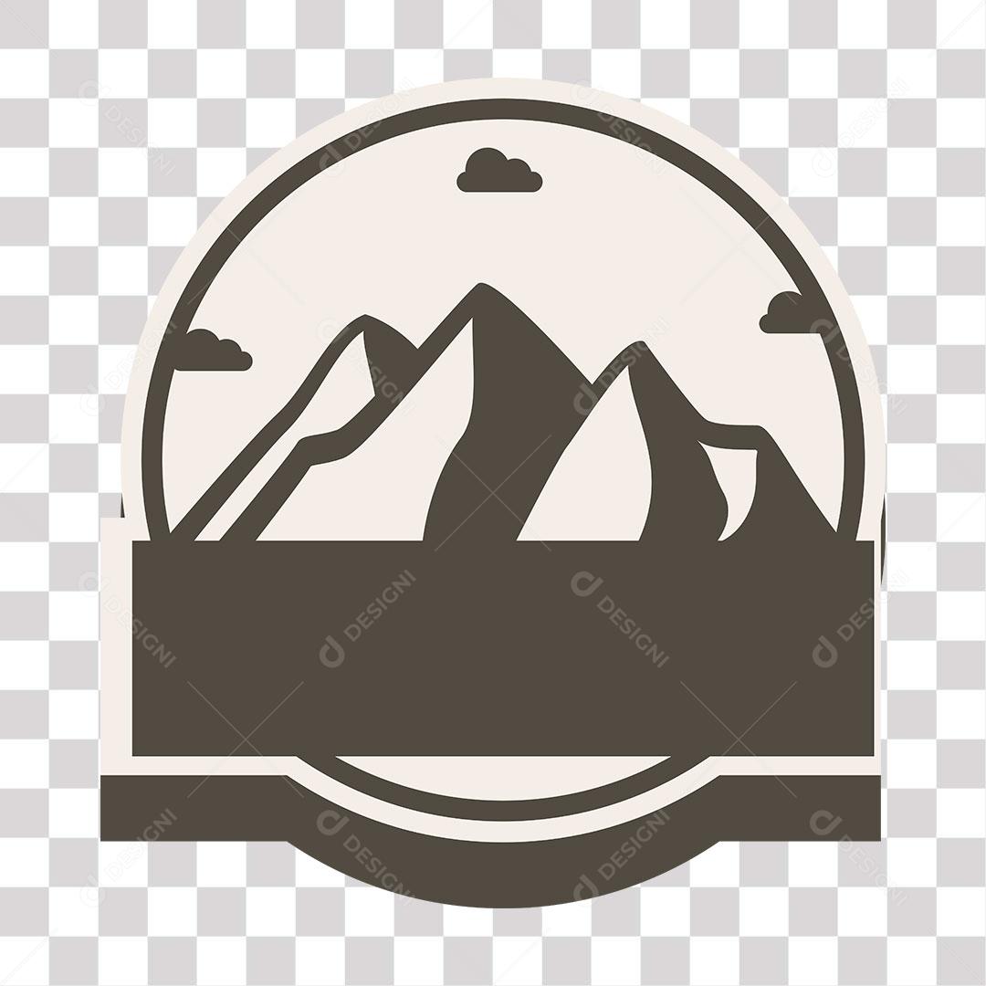 desenho de placa de forma circular com com faixa e montanhas