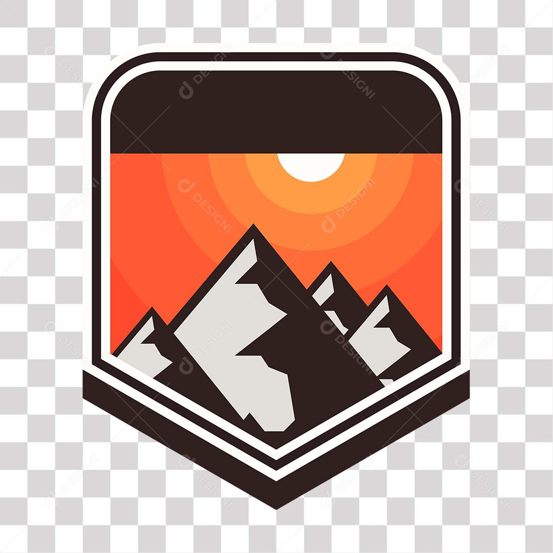 desenho de placa com faixa e montanhas de fundo alaranjado