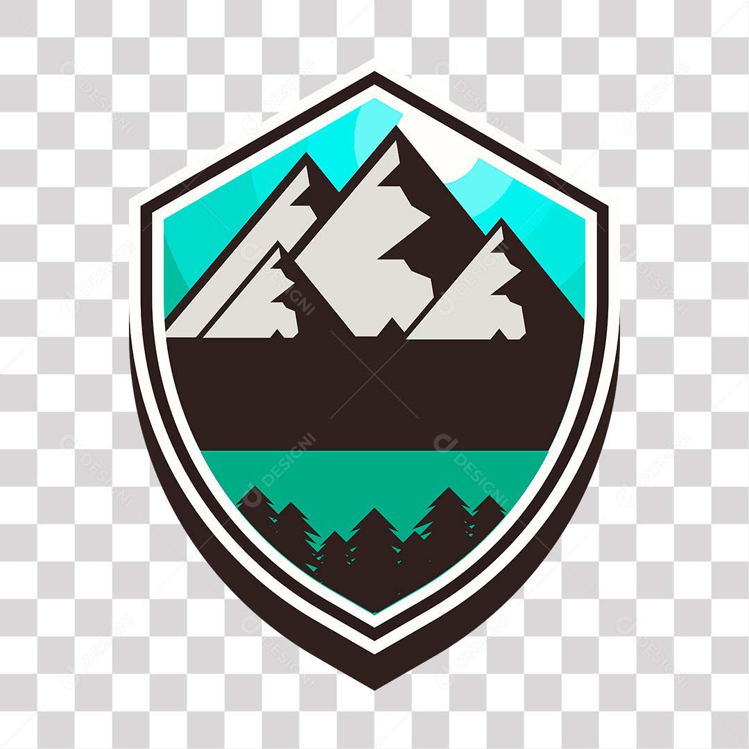 desenho de brasão com faixa e montanhas  de fundo azul  png transparente