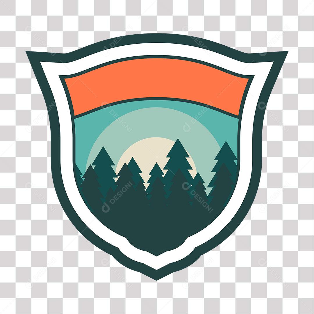 desenho de placa de escudo com floresta ao fundo