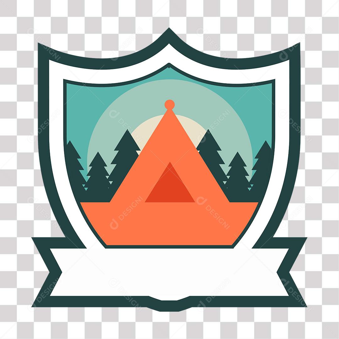 desenho de brasão com cabana e área de floresta ao fundo