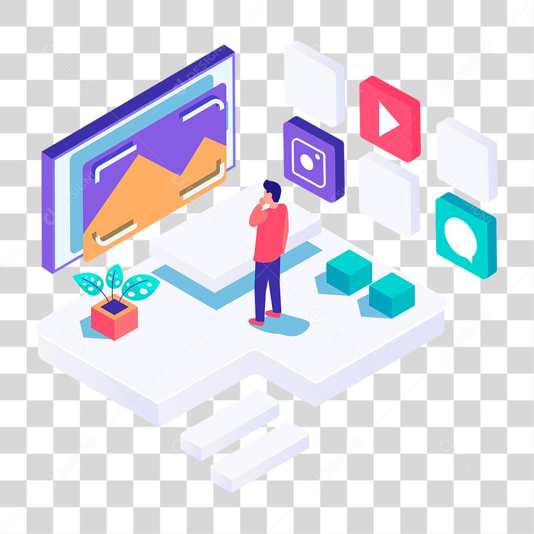 Desenho de homem olhando fotos e vídeos de seu notebook