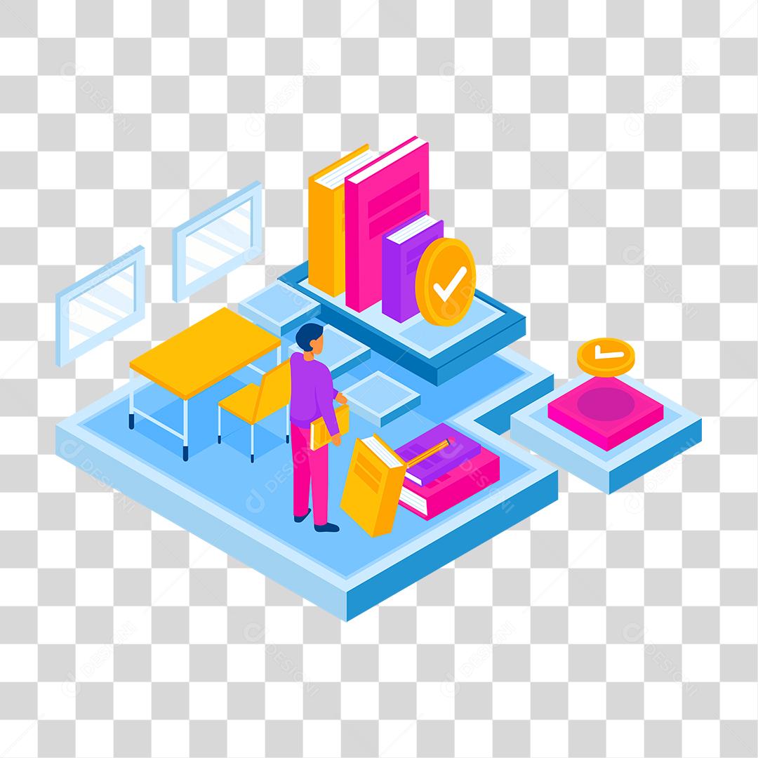 Desenho de homem sobre biblioteca