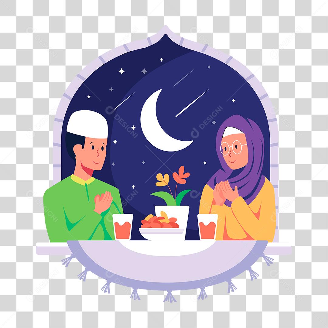 Desenho de casal comendo sobre uma linda noite estrelada lua
