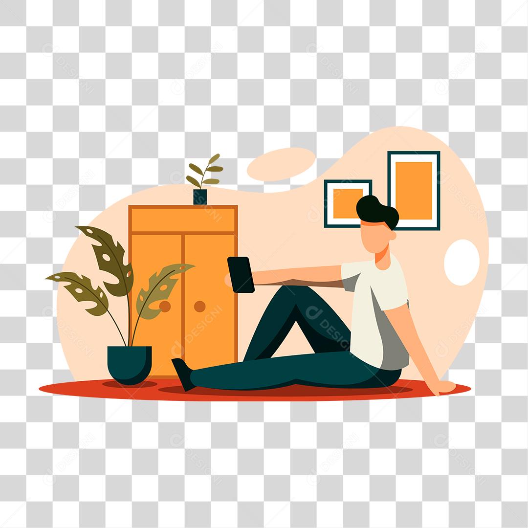 Desenho de um homem sentado em casa em momento de lazer