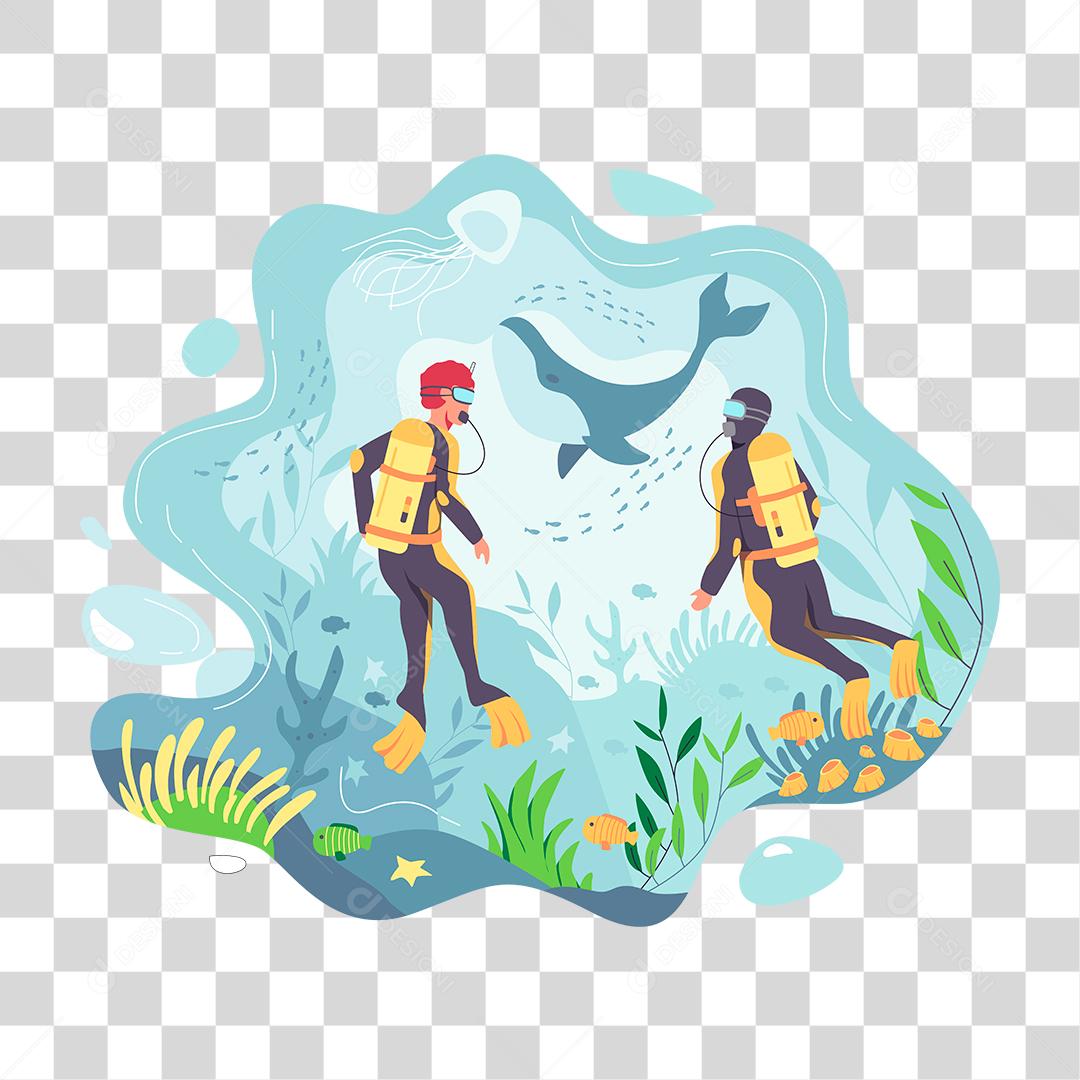 Desenho de mergulhadores no fundo do mar