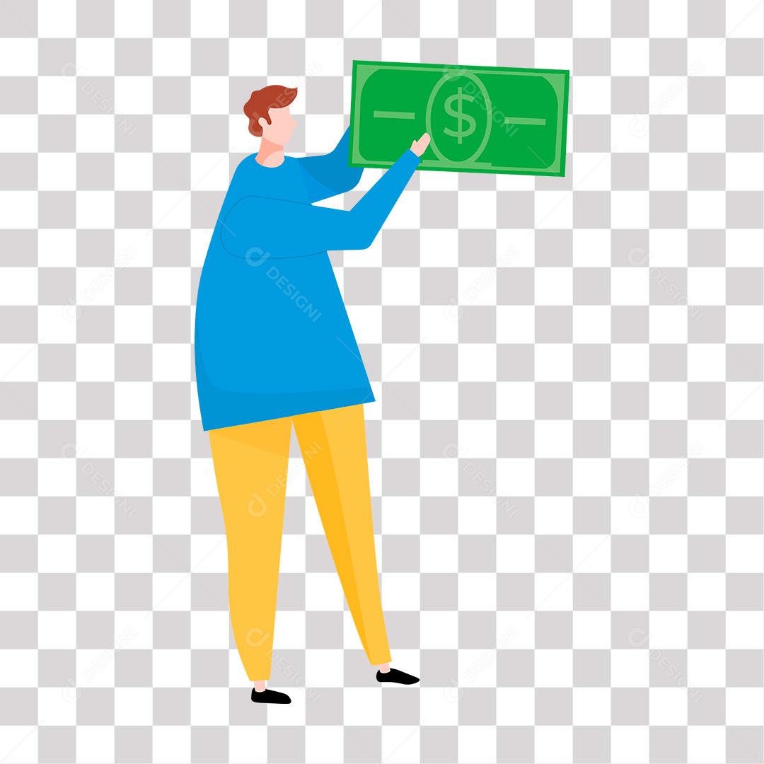 desenho de homem com nota de dinheiro nas mãos