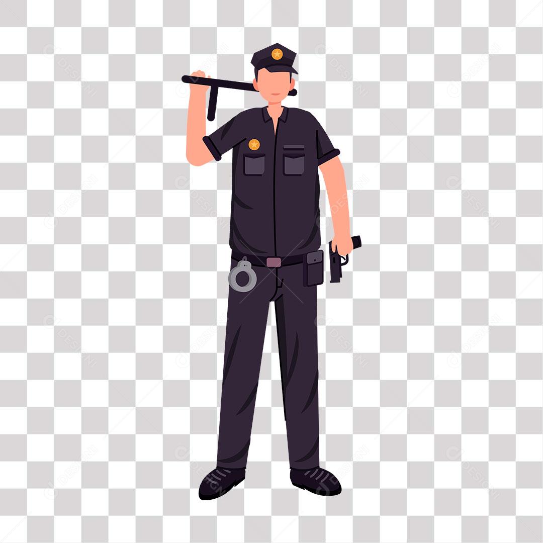 desenho de policial com cassetete e arma nas mãos