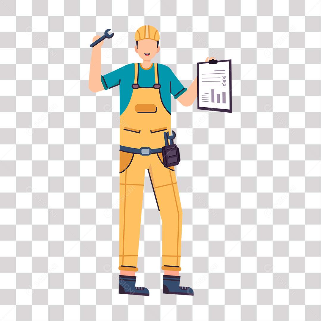 desenho de mecânico com planilha e ferramenta nas mãos