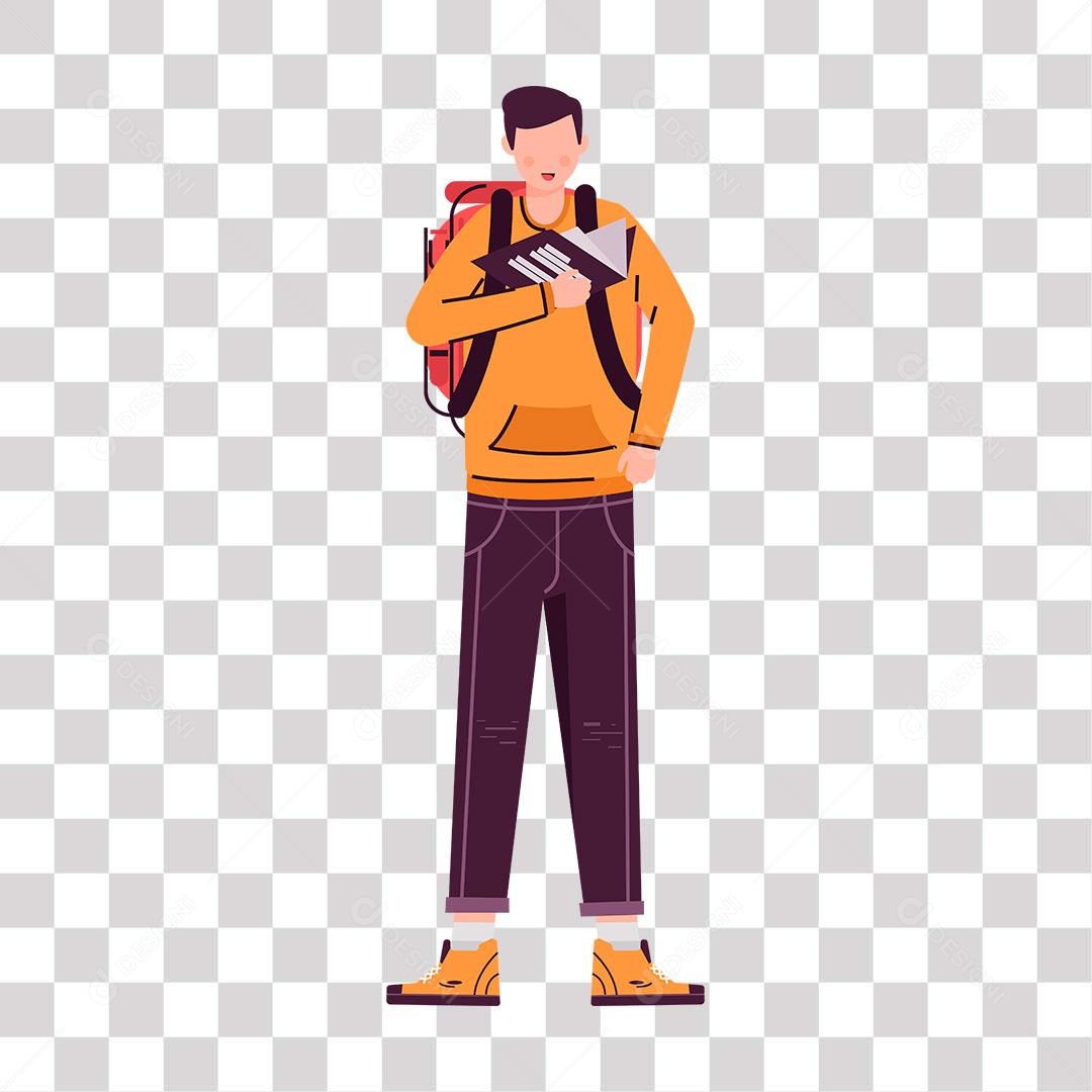 desenho de homem parado com lendo livro e com mochila nas costas